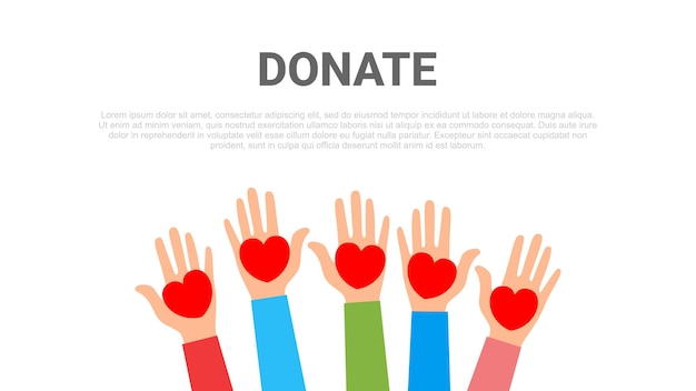 Las personas que tienen corazones Charity share donan con un diseño de estilo plano