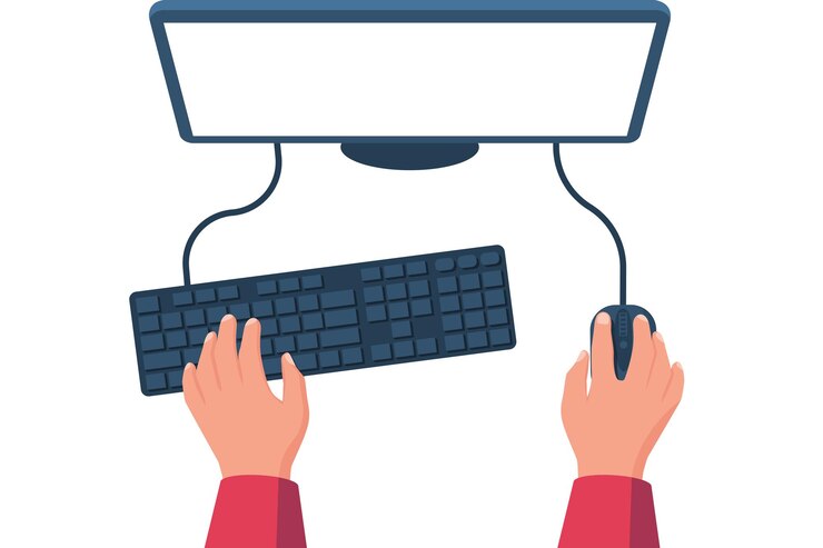 Vector personas que trabajan en la computadora manos en el teclado y el ratón programador empleado de la oficina de diseño