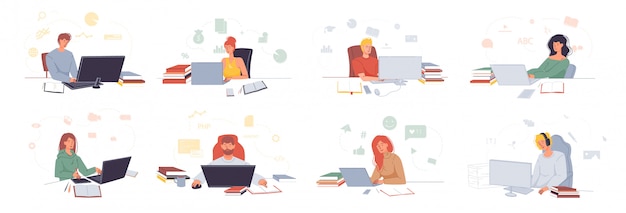 Las personas que trabajan con la computadora portátil en casa, en el conjunto de la oficina