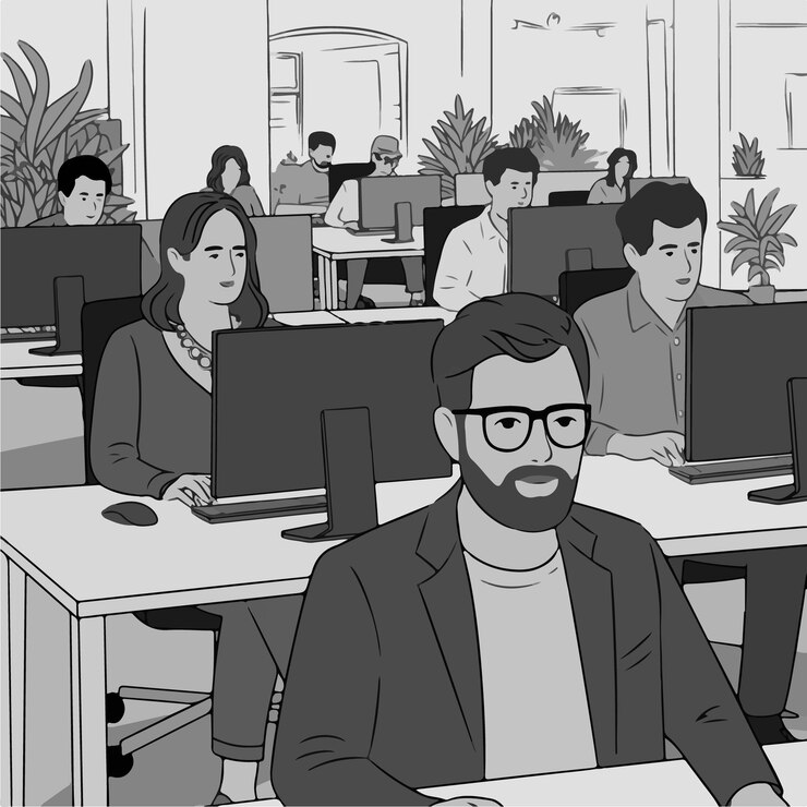 Personas que trabajan en computadoras en un entorno de oficina moderno