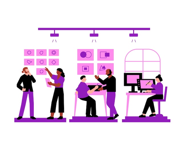 Personas que trabajan en computadoras en la oficina Concepto de trabajo en equipo Ilustración vectorial en estilo plano