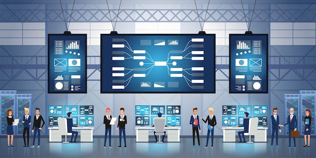 Personas que trabajan y gestionan el centro de control de tecnologías de la información. centro de control del sistema lleno de monitores y servidores.