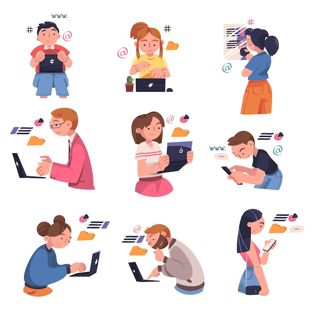 Personas que trabajan con información sentadas en una computadora portátil analizando un conjunto de ilustraciones vectoriales de datos