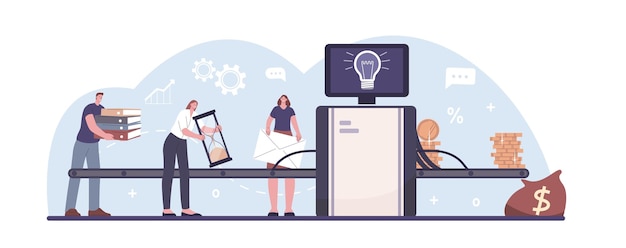 Personas que trabajan juntas negocios acuerdos e ideas convertidor tormenta de ideas y trabajo en equipo metáfora creatividad e inversiones escena vectorial kicky