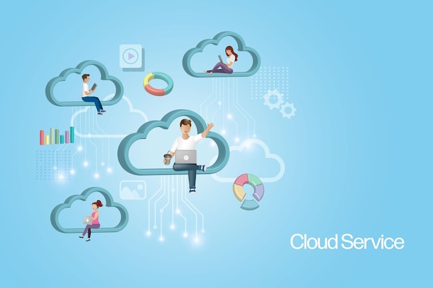 Personas que trabajan en el servicio de red de almacenamiento de datos digitales de computación en la nube Descargue, cargue y transfiera datos con tecnología de nube inalámbrica vector 3D