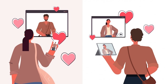 Las personas que usan aparatos digitales chateando en la aplicación de citas en línea navegador web de windows concepto de relación social horizontal retrato ilustración