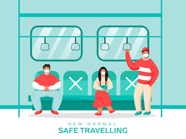 Las personas que usan máscara médica en el tren mantienen la distancia social para prevenir el coronavirus. Nuevo concepto de viaje seguro normal.