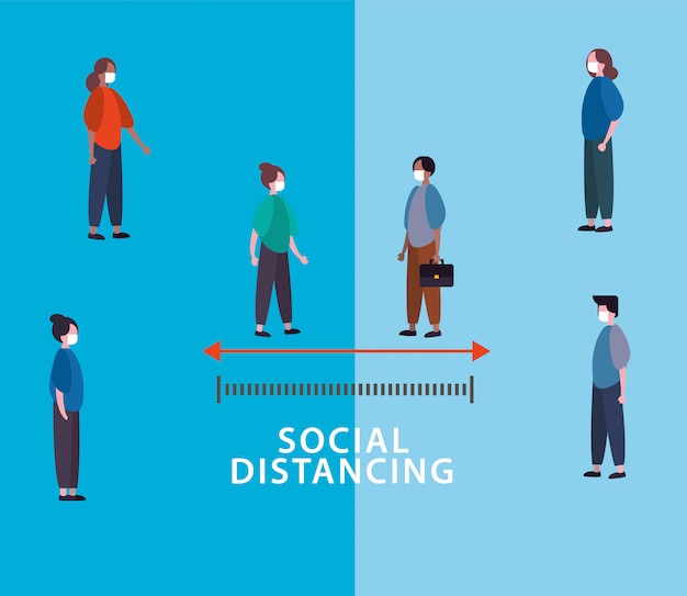 Vector personas que usan mascarillas con distanciamiento social para covid19