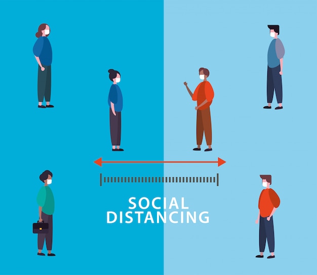 Vector personas que usan mascarillas con distanciamiento social para covid19