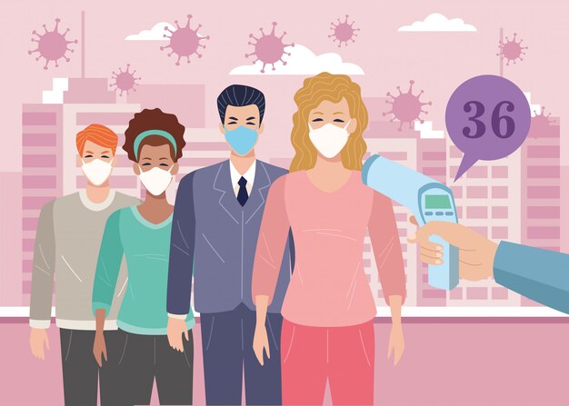 Vector personas que usan mascarillas en el punto de control de temperatura para el diseño de ilustración covid19