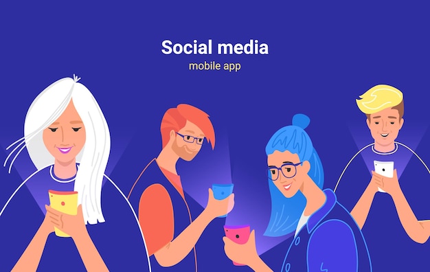 Vector personas que usan mensajería de redes sociales para chatear, leer noticias y ver videos en línea. ilustración de vector de concepto de cuatro adolescentes que usan la aplicación móvil de teléfono inteligente para enviar mensajes de texto a amigos y comunidad