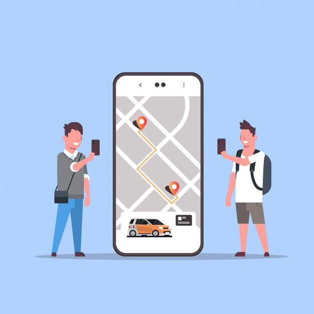 personas que usan pedidos en línea taxi coche compartido concepto de aplicación móvil aplicación de servicio de transporte compartido de automóviles hombre mujer cerca de la pantalla del teléfono inteligente con mapa gps