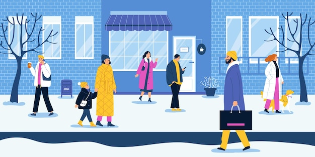 Personas que usan ropa de invierno caminando por la calle de la ciudad con bolsas para perros ilustración de vector plano de café de teléfono inteligente
