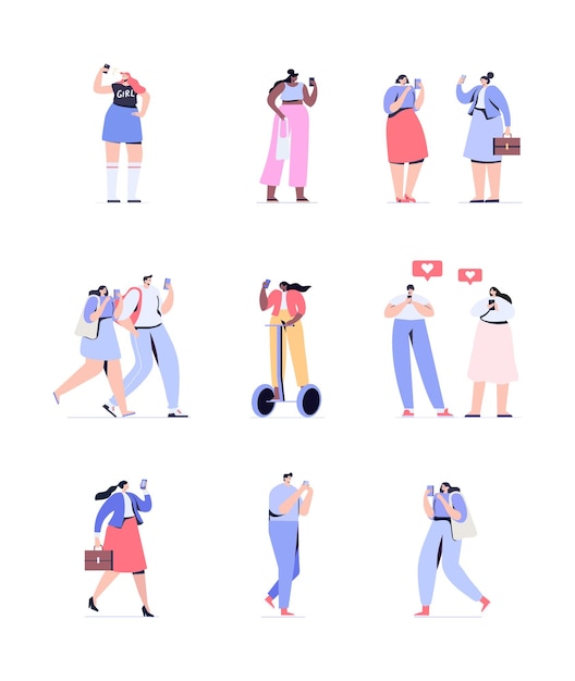 Personas que usan teléfono celular hablando chateando conjunto de vectores planos de mensajería