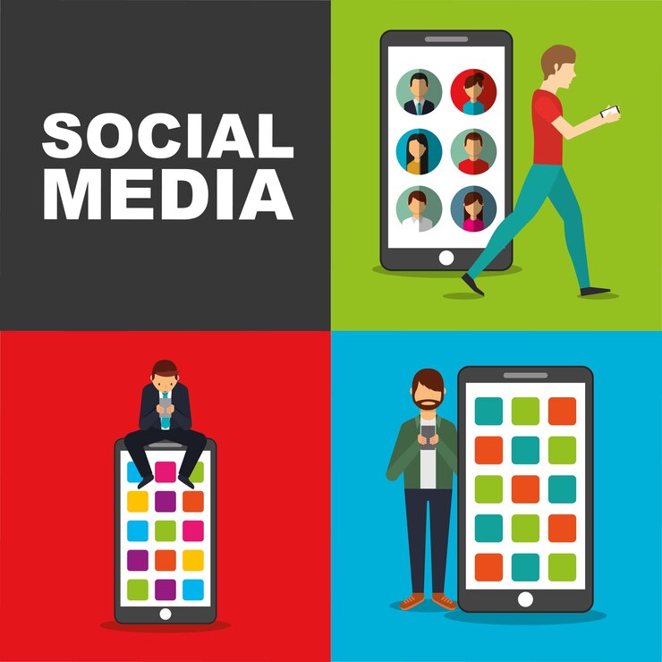 Vector las personas que usan teléfonos inteligentes con dispositivos móviles de gran tamaño en las redes sociales