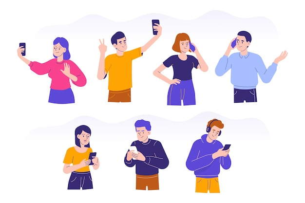 Vector personas que usan teléfonos móviles en diseño plano.