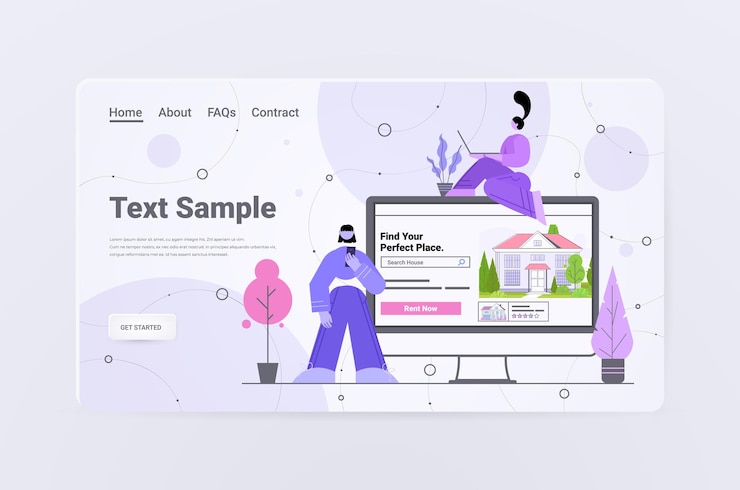 Vector personas que utilizan la aplicación informática para buscar casas para alquilar o comprar en línea concepto de gestión de propiedades inmobiliarias espacio de copia horizontal de longitud completa