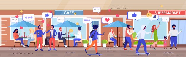 Las personas que utilizan la aplicación móvil en línea redes sociales red chat burbuja comunicación adicción digital concepto mezclar raza hombres mujeres caminando en la calle de la ciudad bosquejo de longitud completa horizontal