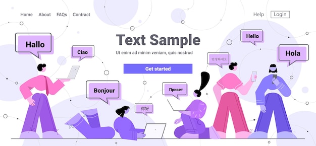 Las personas que utilizan la aplicación de traducción saludo multilingüe concepto de comunicación internacional en línea espacio de copia horizontal de longitud completa