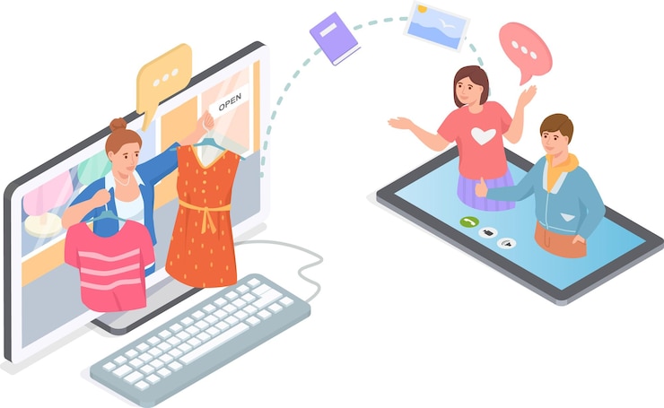 Vector las personas que utilizan computadoras y teléfonos inteligentes para elegir vestidos en el sitio web compras en línea en internet venta en tiendas móviles aplicación de comercio electrónico tienda web concepto de marketing nuevas tecnologías de la moda