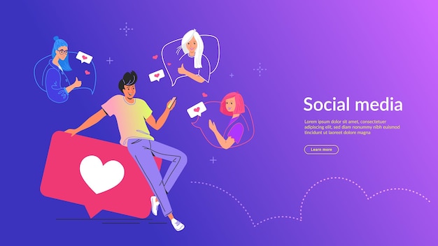 Personas que utilizan la ilustración de vector de concepto de redes sociales. Hombre joven sentado en grandes burbujas con símbolos de corazón usando la aplicación móvil para enviar mensajes de texto y presionar el botón Me gusta en las redes sociales y la aplicación de citas