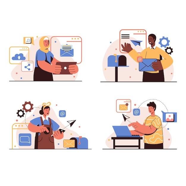 Personas que utilizan servicios de correo electrónico concepto conjunto de escenas aisladas. Hombres y mujeres que envían y reciben cartas, realizan correspondencia en línea, se comunican en aplicaciones de mensajería. Ilustración vectorial en diseño plano