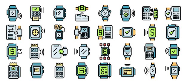 Personas que utilizan la tecnología nfc en el reloj inteligente para pagar las compras en las tiendas nfc iconas de pago del reloj inteligente establecidas
