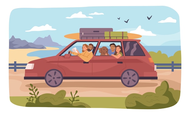 Vector personas que viajan en coche por la playa