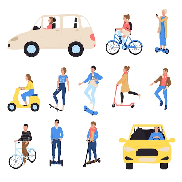 Las personas que viajan en transporte ecológico, aislado mano dibujar ilustración. personaje de dibujos animados conduciendo coche eléctrico, bicicleta, scooter, taxi y skate, patineta