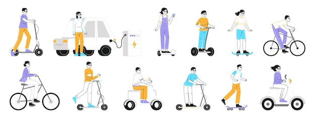 Personas que viajan en vehículos eléctricos, transporte ecológico, scooters y bicicletas, colección de ilustraciones vectoriales planas