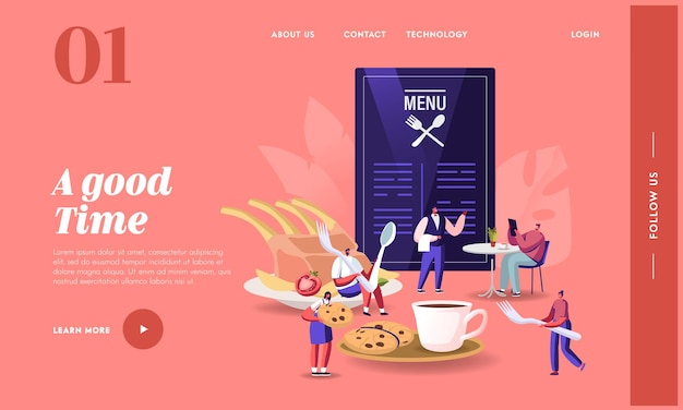 Personas que visitan la plantilla de la página de inicio del café. Pequeños personajes masculinos y femeninos sentados alrededor de un enorme menú en mesas bebiendo bebidas, comiendo comidas en un restaurante moderno. Ilustración vectorial de dibujos animados