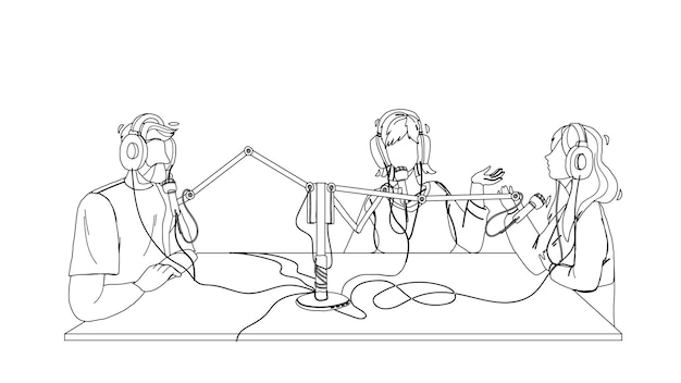 Personas de radiodifusión grabando en estudio Vector de dibujo a lápiz de línea negra. El hombre y la mujer discutiendo y grabando la transmisión en el aire. Personajes que hablan en la ilustración de equipos electrónicos de micrófono
