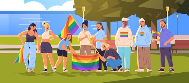 Personas de raza mixta que sostienen banderas del arco iris lgbt en el parque urbano gay lesbian love parade orgullo festival transgénero amor generación z concepto horizontal vector ilustración