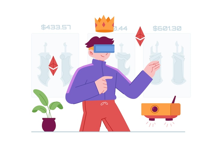Vector personas con realidad virtual 3d vr metaverse nft art concepto de juego idea de ilustración plana