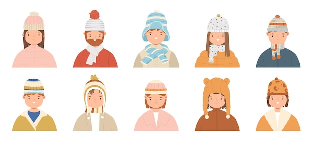 Personas retratos de invierno Niños lindos Niñas usan sombreros y bufandas cálidas Persona en clima frío con bufanda y sombrero Personajes vectoriales elegantes y cómodos