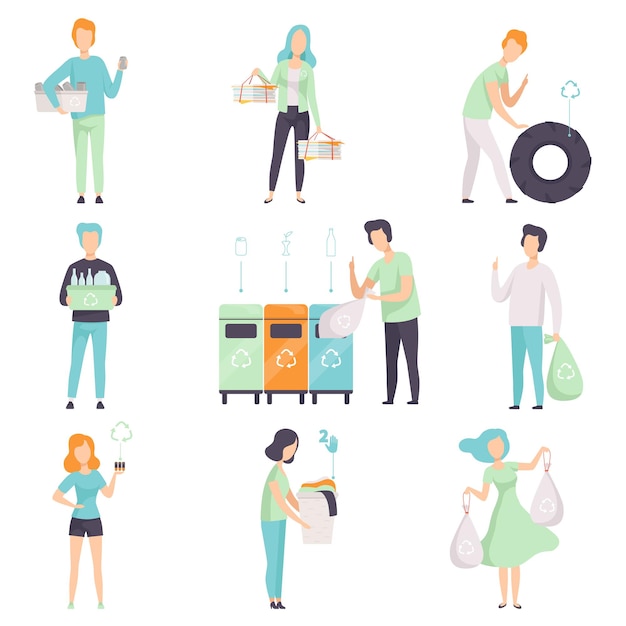 Personas reuniendo clasificación de residuos para reciclaje conjunto hombres y mujeres jóvenes recogiendo residuos orgánicos de papel de caucho de vidrio plástico para proteger el medio ambiente vector ilustraciones aisladas sobre un fondo blanco