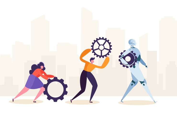 Vector personas y robots trabajando juntos
