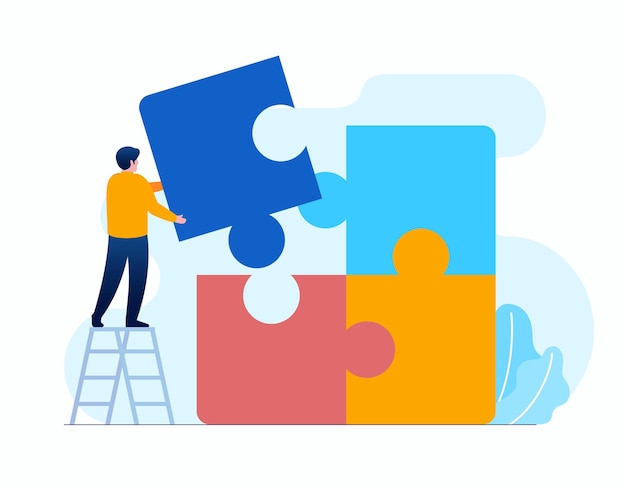 Personas con rompecabezas que representan trabajo en equipo negocio plano vector ilustración banner y página de inicio
