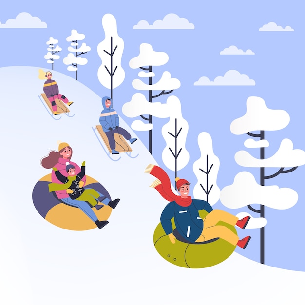 Personas en ropa de abrigo haciendo actividades de invierno. Ilustración de personas en trineo y tubería. Actividad de invierno al aire libre con la familia. ilustración