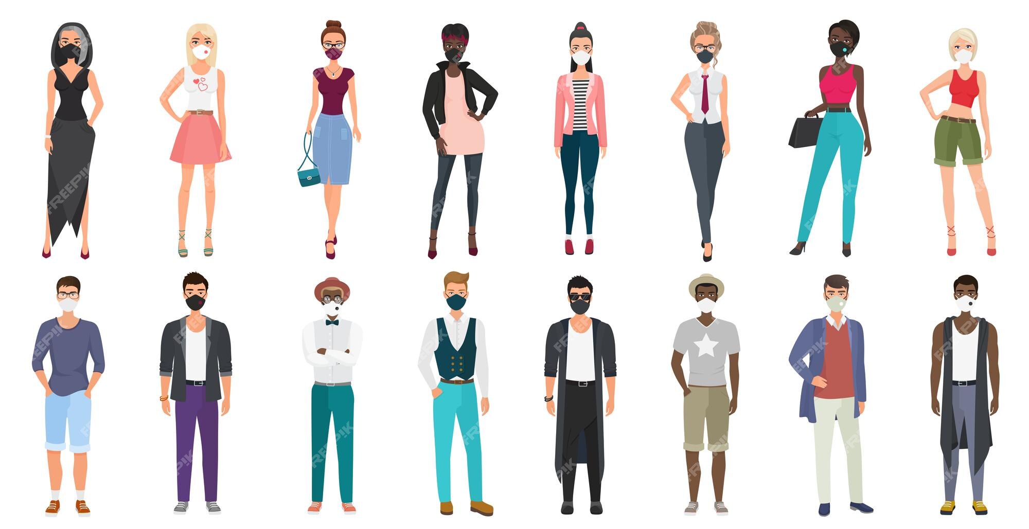 Personas con ropa de moda elegante que usan máscaras faciales para prevenir enfermedades. | Vector Premium