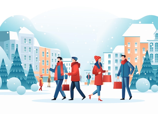 personas con ropa de invierno caminando al aire libre con bolsas de compras temporada grandes ventas oferta especial promoción descuento paisaje urbano fondo