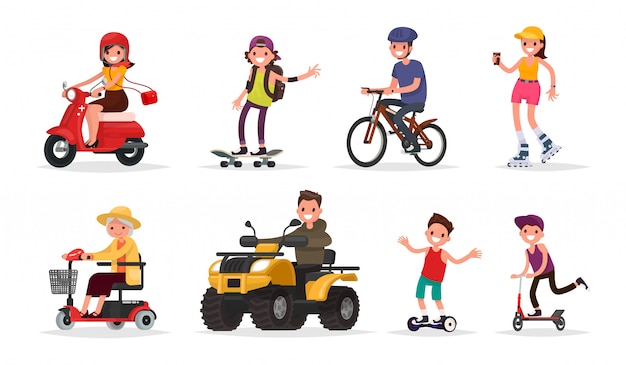 Vector personas y ruedas: vehículos, scooter, monopatín, bicicleta, patines, gyroscooter, atv.