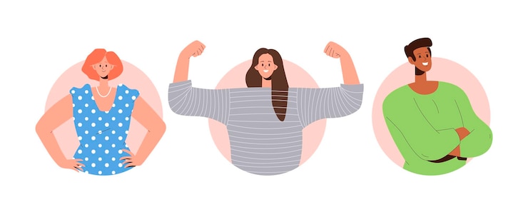 Vector personas seguras de sí mismas de pie en diferentes poses mostrando orgullo de poder y composición perfecta