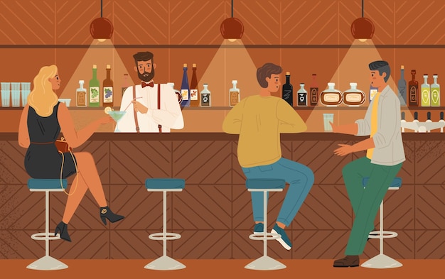 Vector personas sentadas en el mostrador del bar beben cócteles alcohólicos ilustración vectorial barman sirviendo a los clientes en un bar interior del pub con taburetes estantería y botellas