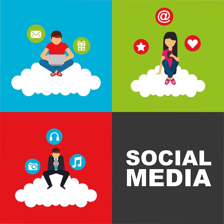 Vector personas sentadas en la nube con las redes sociales de dispositivos tecnológicos