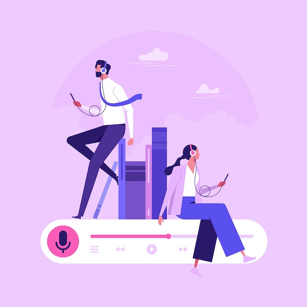 Personas sentadas con el teléfono eligiendo o escuchando podcasts en la aplicación móvil Concepto de podcasting en línea