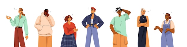 Personas con signos de interrogación pensando dudando y preguntando curiosos preocupados pensativos personajes confundidos resuelven problemas hombres desconcertados mujeres establecen ilustraciones vectoriales planas aisladas sobre fondo blanco