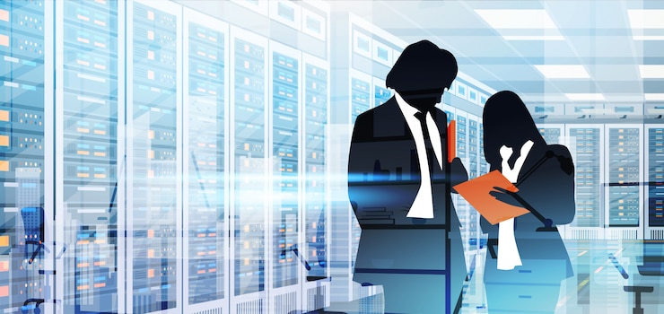 Vector personas de silhouette que trabajan en la sala de data center servidor servidor base de datos de información de computadora