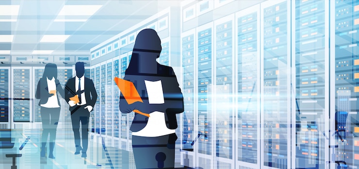 Vector personas de silhouette que trabajan en la sala de data center servidor servidor base de datos de información de computadora