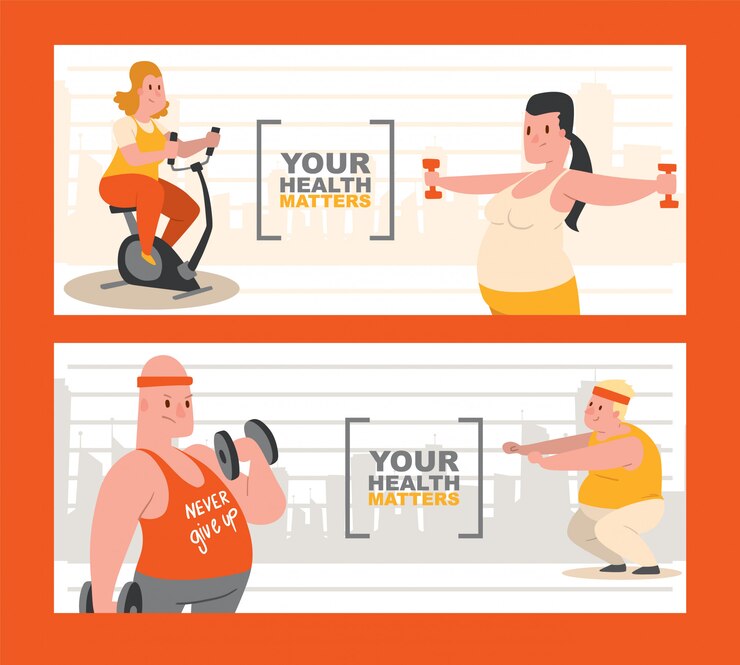 Vector personas con sobrepeso haciendo ejercicios conjunto de. tu salud importa.